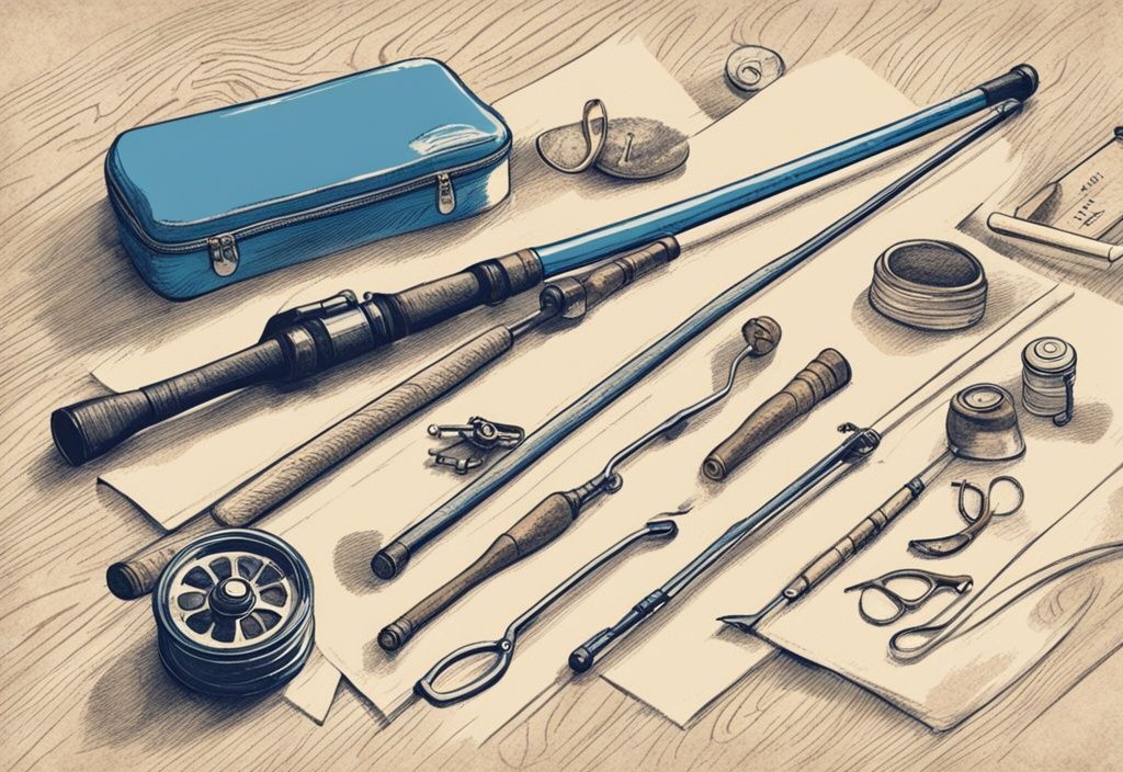 Vintage-Skizze einer Hand, die die beste Angelrute für Anfänger zeigt, mit einem Einsteiger-Angelset auf einer Holzoberfläche.