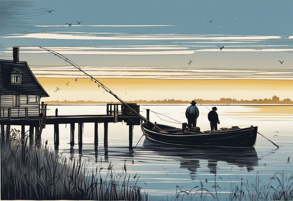 Vintage-Skizze: Angeln auf Usedom bei Sonnenaufgang, Person auf einem Pier, ruhiges Meer, goldener Himmel.