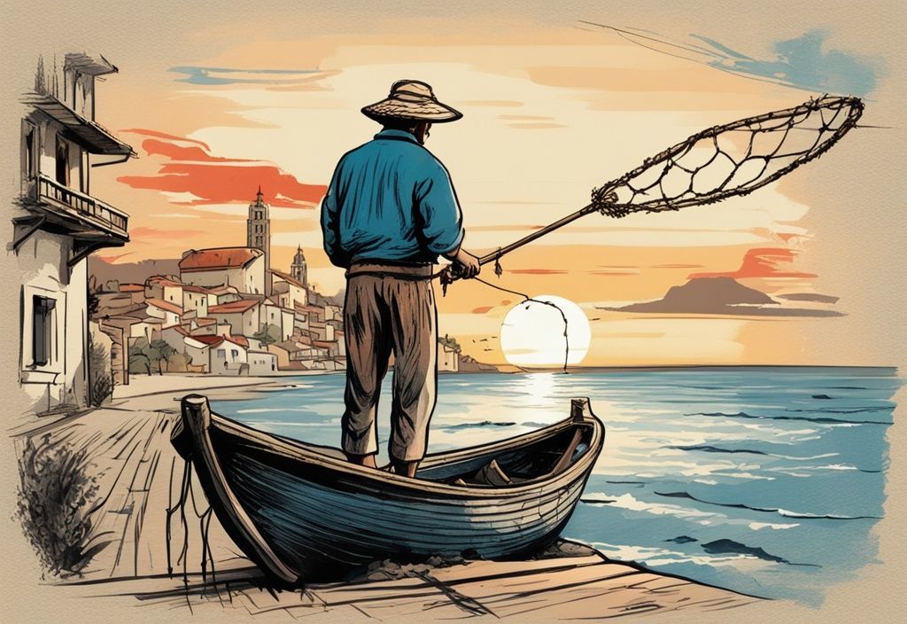 Vintage-Skizze eines Fischers in traditioneller Kleidung, der ein Netz von einem rustikalen Holzboot auswirft, vor dem Hintergrund einer farbenfrohen spanischen Küstenstadt bei Sonnenuntergang. Angeln in Spanien.