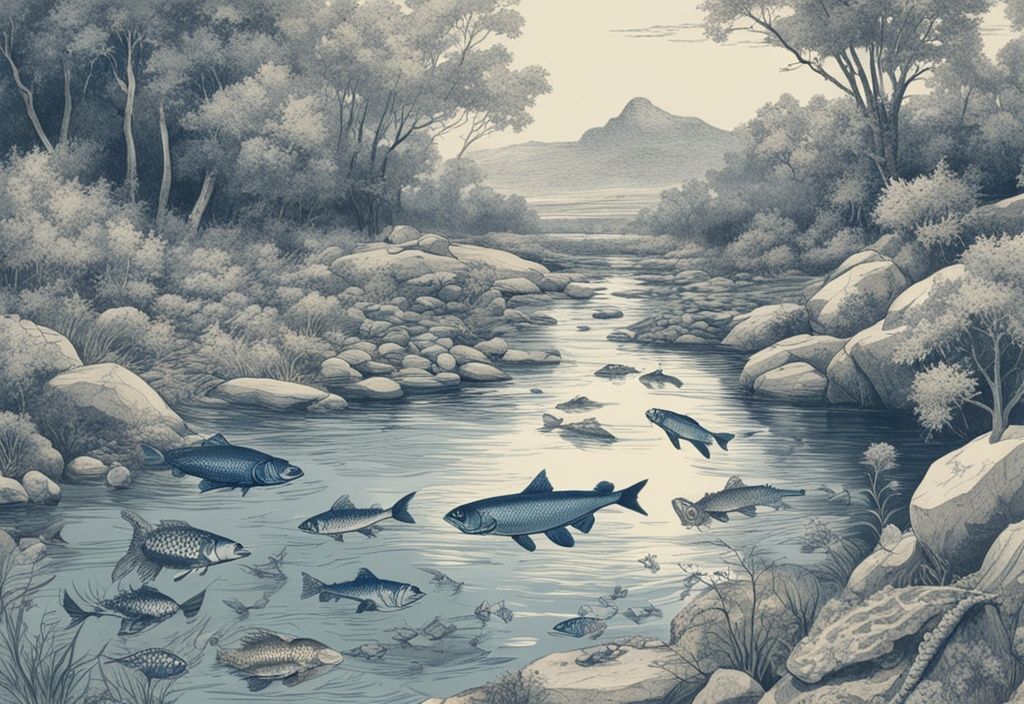 Vintage-Skizze von invasiven Fischarten in Blau, die einheimische Fische in einem Fluss verdrängen.