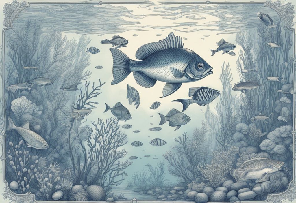 Vintage-Illustration Unterwasseransicht Rhein, blaue Farbpalette, verschiedene Fischarten, Fluss Pflanzen, Kieselsteine, nostalgischer Stil, detailliertes Ökosystem