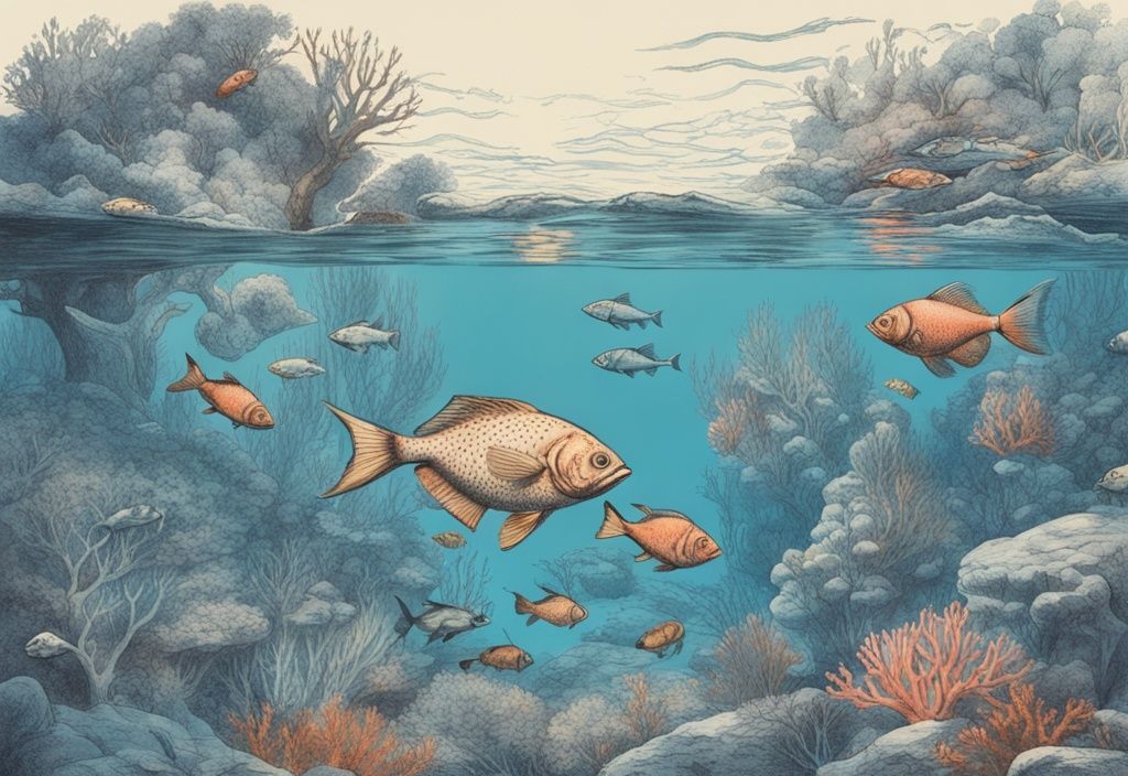 Vintage-Skizzenillustration einer lebendigen Unterwasserszene mit blauen Farbtönen, die eine Gruppe von Fischen zeigt, die mit ihrer Umgebung interagieren, schwimmen, nach Nahrung suchen und um Korallenriffe herumflitzen.