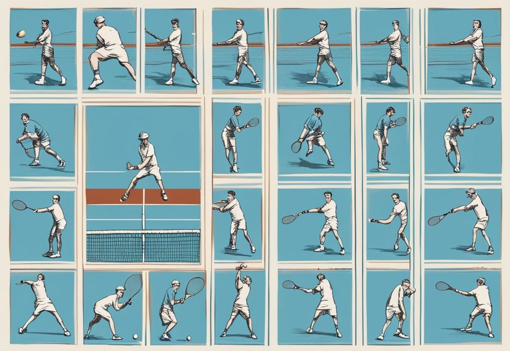 Vintage-Skizze: Drop Shot Montage mit Seitenarm in einem Tennismatch, Hauptfarbthema Blau.