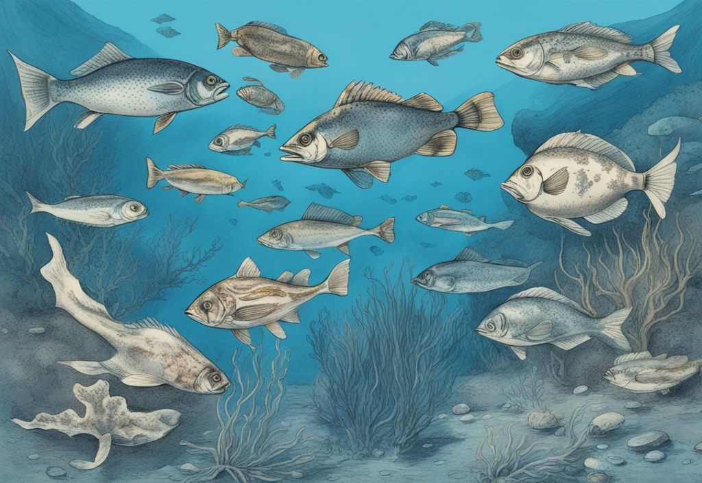 Vintage-Skizzenillustration von verschiedenen Fischarten im Aralsee, schwimmend in tiefblauem Wasser und felsigen Unterwasserformationen