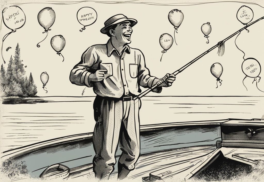 Vintage-Skizzenillustration eines glücklichen Anglers, der seinen Geburtstag auf einem Boot feiert, mit kurzen, humorvollen und herzlichen Geburtstagssprüchen für Angler in Sprechblasen und dekorativen Bildunterschriften, Hauptfarbthema Blau.