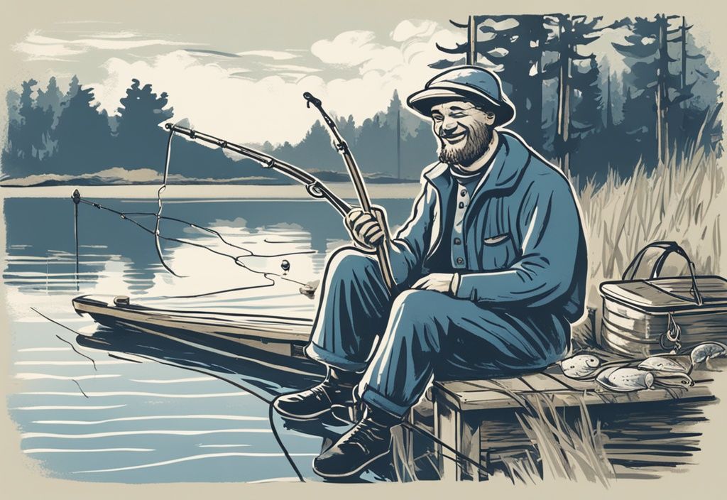 Vintage Illustration eines glücklichen Fischers am ruhigen See in Dänemark mit mehreren aufgestellten Angelruten, Hauptfarbton Blau