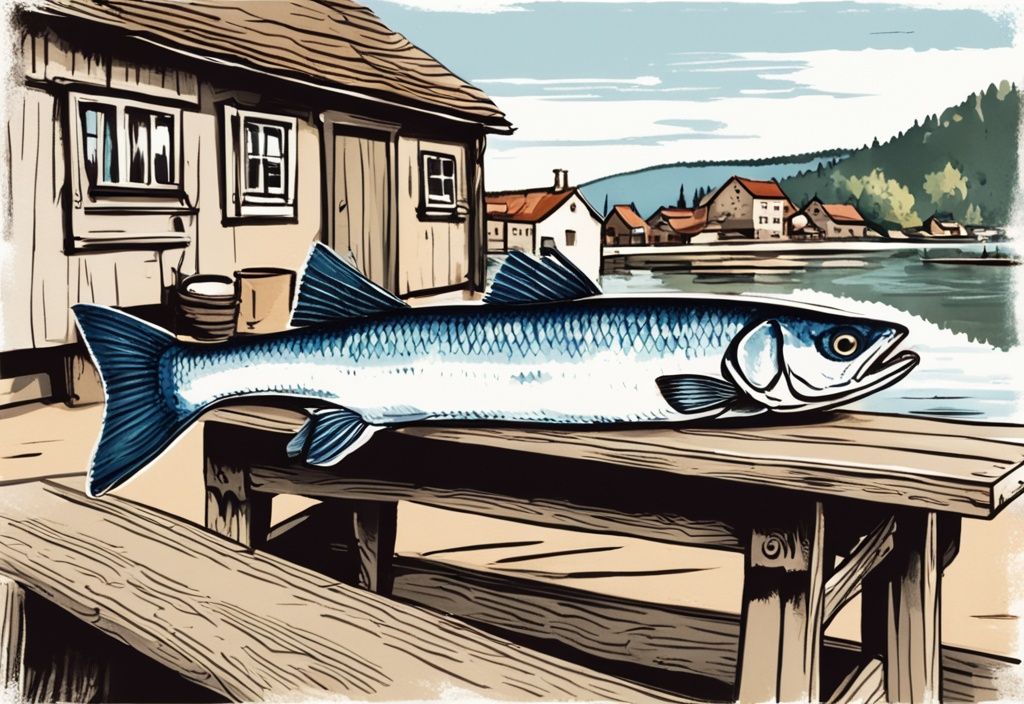 Vintage-Skizze eines frisch gefangenen Weißfisches auf einem rustikalen Holztisch mit malerischem Hintergrund eines traditionellen deutschen Fischerdorfes