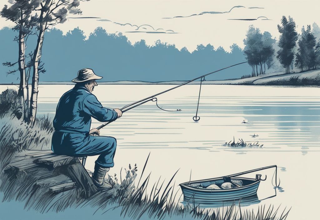 Vintage-Skizzenillustration eines fröhlichen Fischers am ruhigen See in Dänemark mit mehreren aufgestellten Angelruten, Hauptfarbthema Blau.