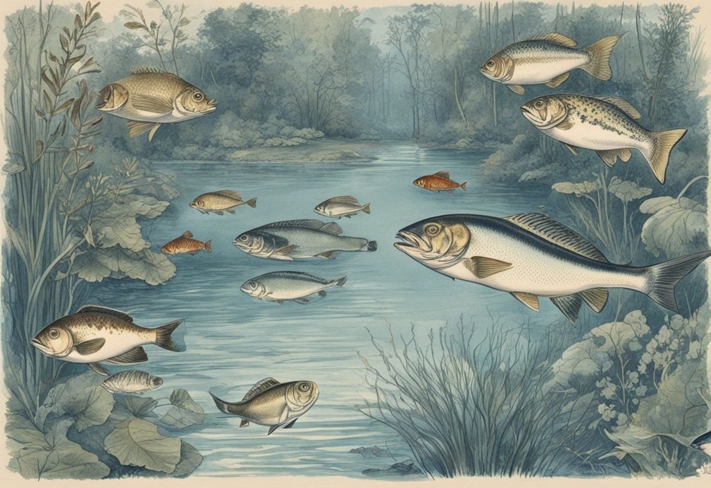 Vintage-Skizze von Fischen aus Sachsen in einem klaren Bach mit üppiger Vegetation, Hauptfarbton Blau