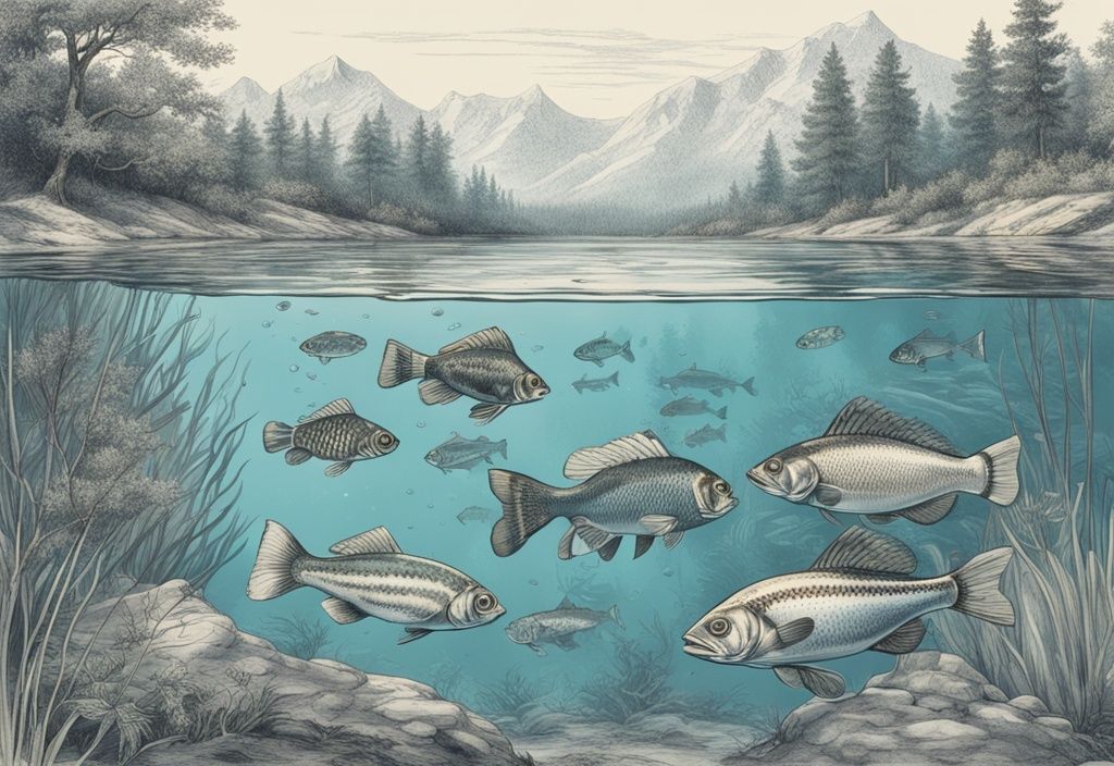 Vintage-Skizze von Süßwasserfischen Deutschland in einem klaren Fluss.