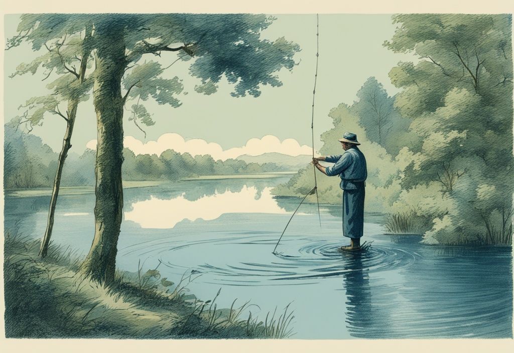 Vintage-Skizzenillustration eines Fischers, der seine Angel in einen klaren belgischen Fluss wirft, umgeben von üppigen grünen Bäumen, Hauptfarbthema Blau.