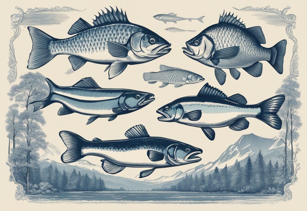 Vintage-Skizze von bayerischen Fischarten wie Hecht, Karpfen und Barsch vor einer malerischen bayerischen Landschaft in Blau.