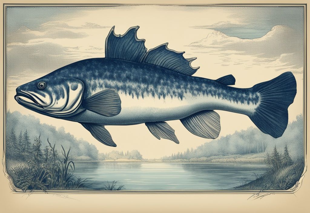 Vintage-Skizzenillustration eines riesigen Welswelses unter den klaren, kalten Gewässern der Donau mit malerischer deutscher Landschaft im Hintergrund, Hauptfarbthema Blau.
