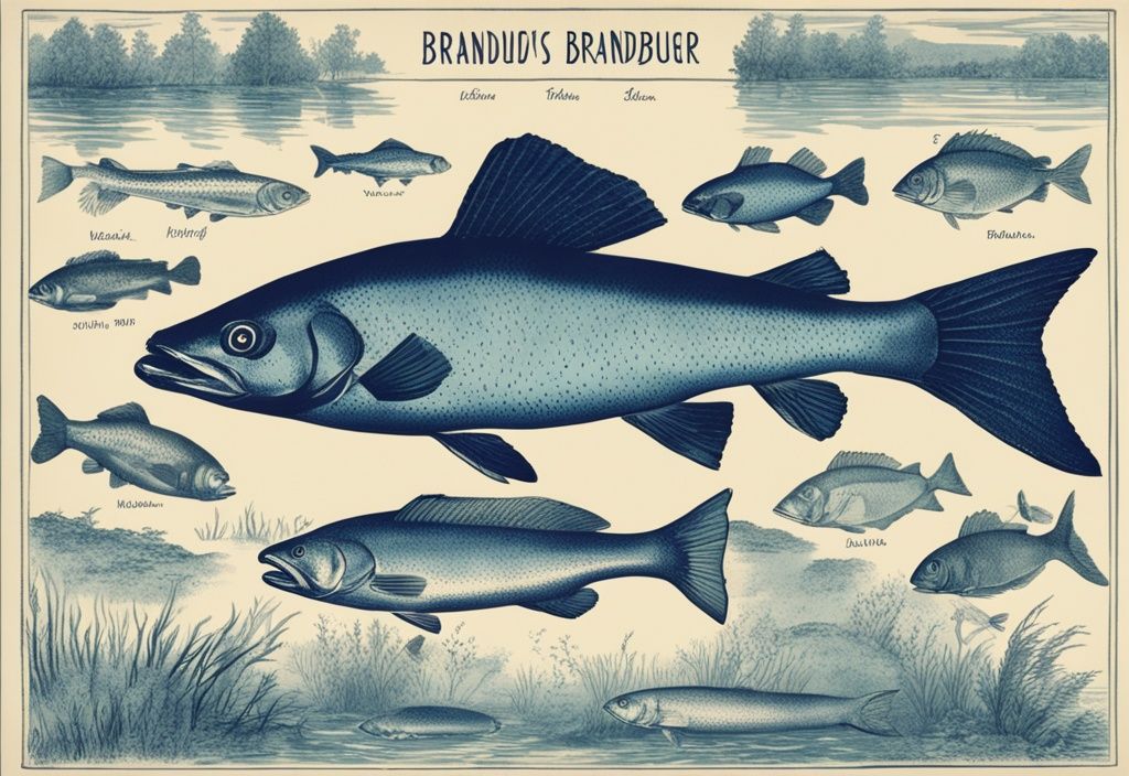 Vintage-Skizzenillustration von Fischarten aus Brandenburg in Blau, beschriftet und schwimmend in lokalen Gewässern Brandenburgs.