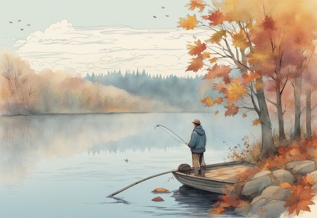 Vintage Illustration: Angler im warmen Outfit beim Angeln im November an einem ruhigen See, umgeben von buntem Herbstlaub und nebliger Novemberkühle.