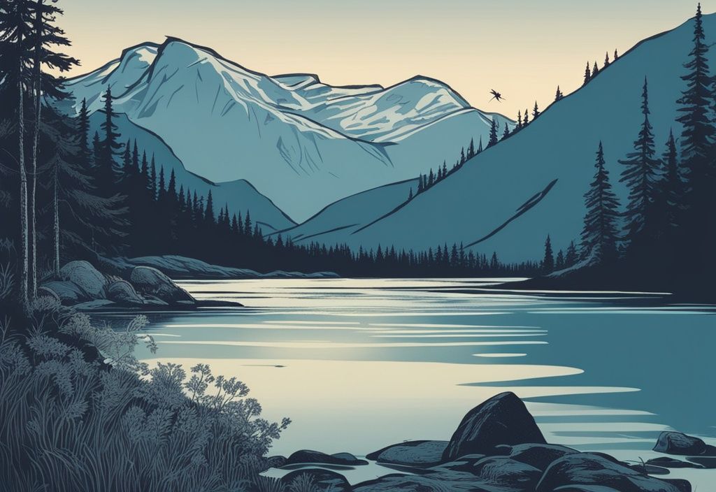 Vintage Illustration einer norwegischen Landschaft bei Dämmerung mit einem schwebenden Mückenschatten über einem klaren See, umgeben von üppigen Bergen und Bäumen, Hauptfarbe Blau.