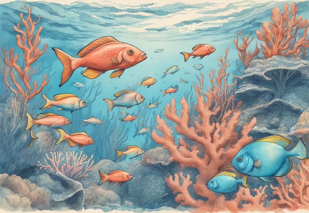 Vintage-Skizzenillustration in Blau mit bunten Fischen, die lebhaft um ein lebendiges Korallenriff schwimmen und die Fischaktivität heute darstellen.