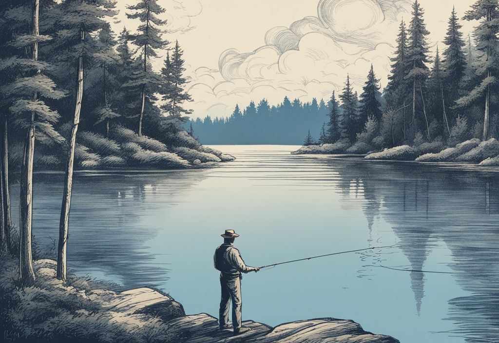 Vintage Illustration eines Anglers am See mit blauer Farbgebung und Wald im Hintergrund