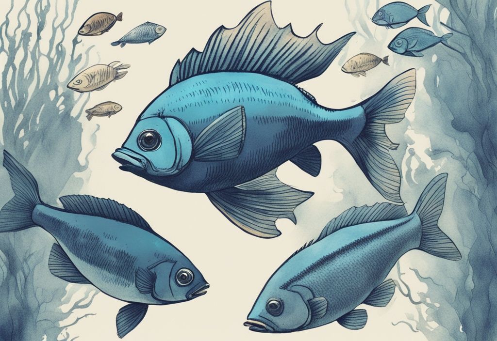Vintage-Skizzenillustration von Fischen in Blau, die minimal bewegen und mit offenen Augen in einem schlafähnlichen Zustand sind, weiche Beleuchtung und gedämpfte Farbtöne vermitteln die Frage: wie schlafen Fische.