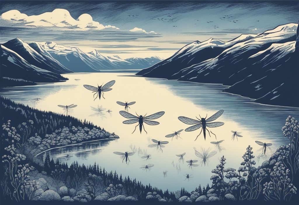 Vintage-Skizze mit blauer Farbthematik: Nahaufnahme von Mücken in Norwegen, die über einem schönen Fjord im Hintergrund schwärmen; der Fjord reflektiert die Mitternachtssonne und sorgt für einen auffälligen Kontrast.