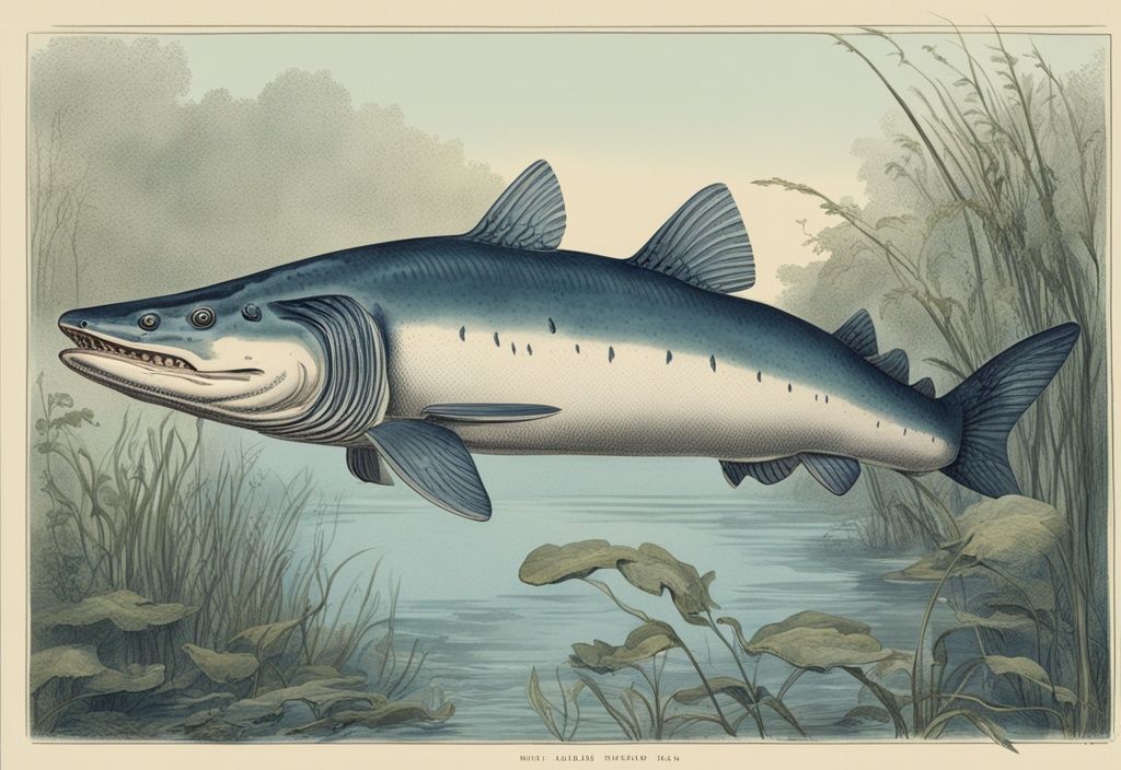 Vintage-Skizzenillustration eines großen Atlantischen Störs, dem größten Fisch in Deutschland, der majestätisch in dichter aquatischer Vegetation eines kristallklaren Flusses schwimmt.