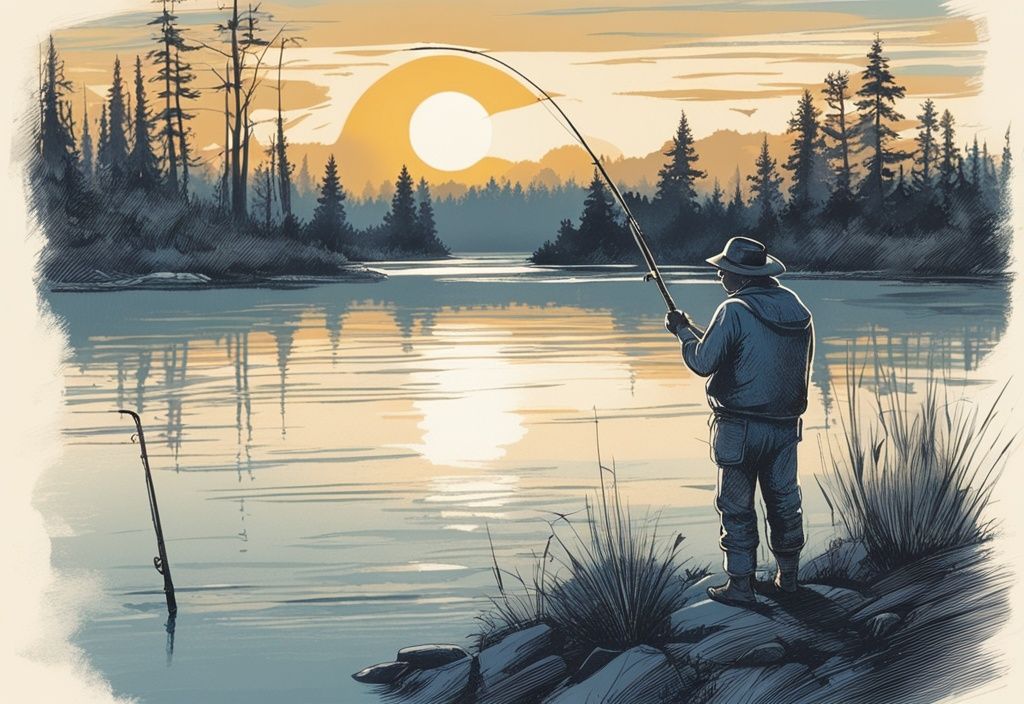 Vintage-Skizze eines Fischers am Peenestrom bei Sonnenuntergang, blaues Farbschema