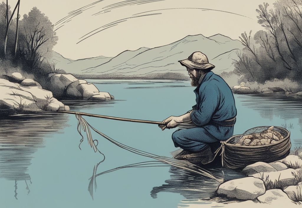 Vintage-Skizze eines Fischers, der am Flussufer sitzt und mit einem rustikalen Fischernetz einen Aal aus dem trüben Flusswasser zieht, Hauptfarbthema Blau, Aal angeln am Fluss.