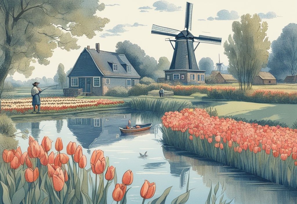 Vintage-Skizzenillustration einer ruhigen niederländischen Landschaft mit Windmühle, Angler am Kanal, Seerosen und Tulpenfeldern, Hauptfarbton Blau.