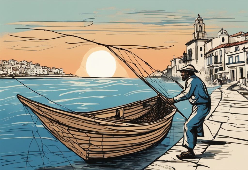 Vintage-Skizze eines Fischers in traditioneller Kleidung, der ein Netz von einem rustikalen Holzboot auswirft, vor der Kulisse einer bunten spanischen Küstenstadt bei Sonnenuntergang – Angeln in Spanien.