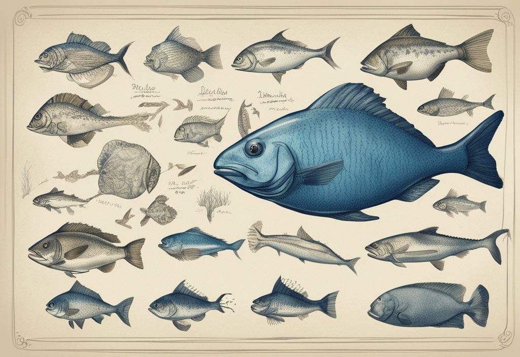 Vintage-Skizzenillustration mit blauer Farbgebung zeigt eine Zeitleiste von der Urzeit bis zur Moderne, auf der die Evolution verschiedener Fischarten dargestellt wird. Seit wann gibt es Fische?