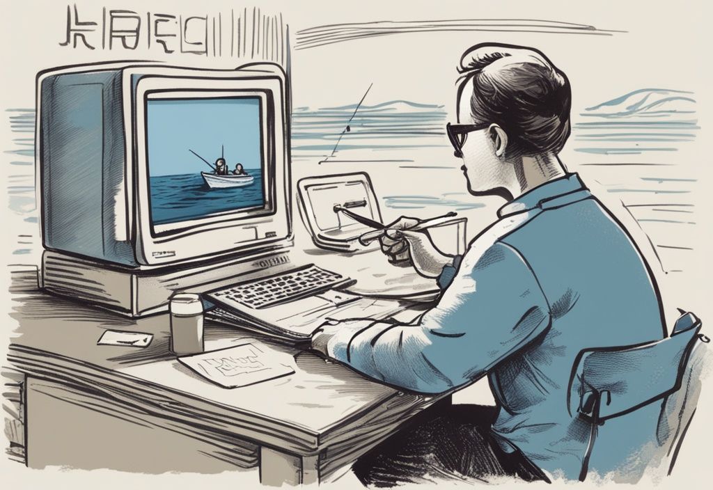 Vintage-Skizze in Blau: Person kauft online einen Angelschein für Italien am Computer, abgeschlossene Transaktion sichtbar.