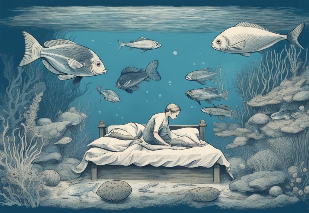 Vintage-Skizzenillustration einer Unterwasserszene mit schlafenden Fischen in verschiedenen Posen und blauem Farbschema.