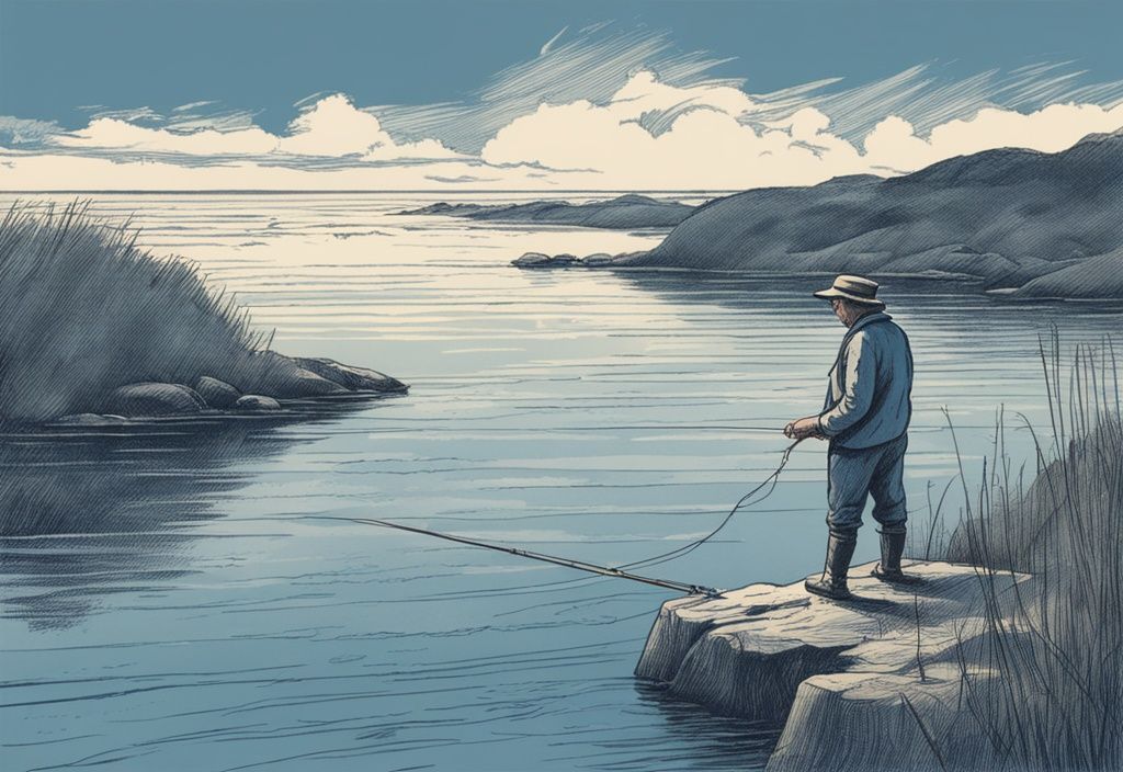 Vintage-Skizze eines Anglers, der seine Angel in die ruhigen Gewässer vor der Küste von Langeland wirft, in Blau gehalten