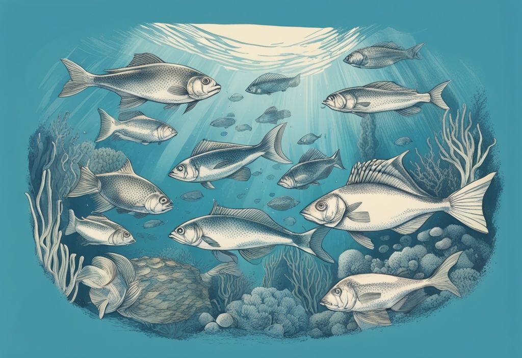 Vintage-Skizzenillustration einer lebendigen Unterwasserszene mit verschiedenen Fischarten Mittelmeer in Blau.