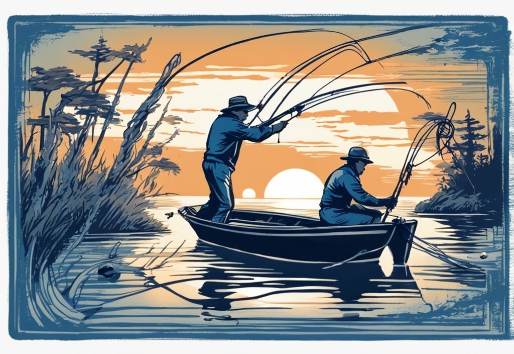 Vintage-Skizze von Fischern auf einem Boot bei Sonnenaufgang, die mit Angelruten fischen, während Fische aus dem Wasser springen.