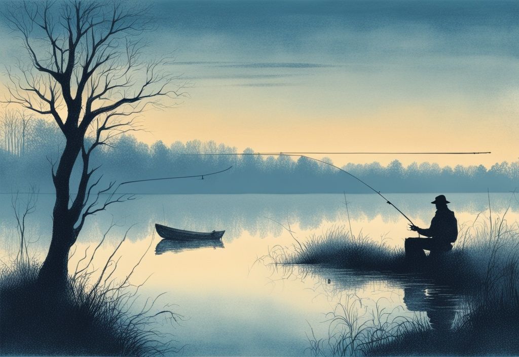 Vintage-Skizze einer polnischen Landschaft bei Morgendämmerung mit einer einsamen Figur, die eine Angelrute in einen nebligen See auswirft.