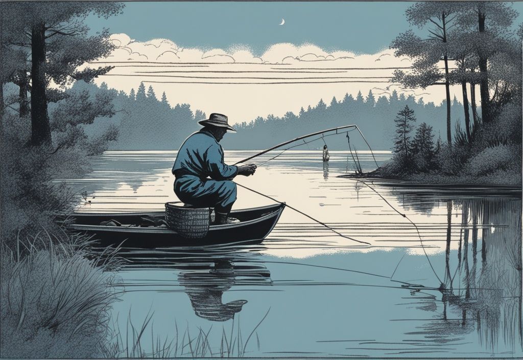 Vintage-Skizzenillustration eines Fischers auf einem ruhigen See bei Morgendämmerung, der gerade einen großen Fisch fängt, visuell darstellend wann beißen Fische am besten.