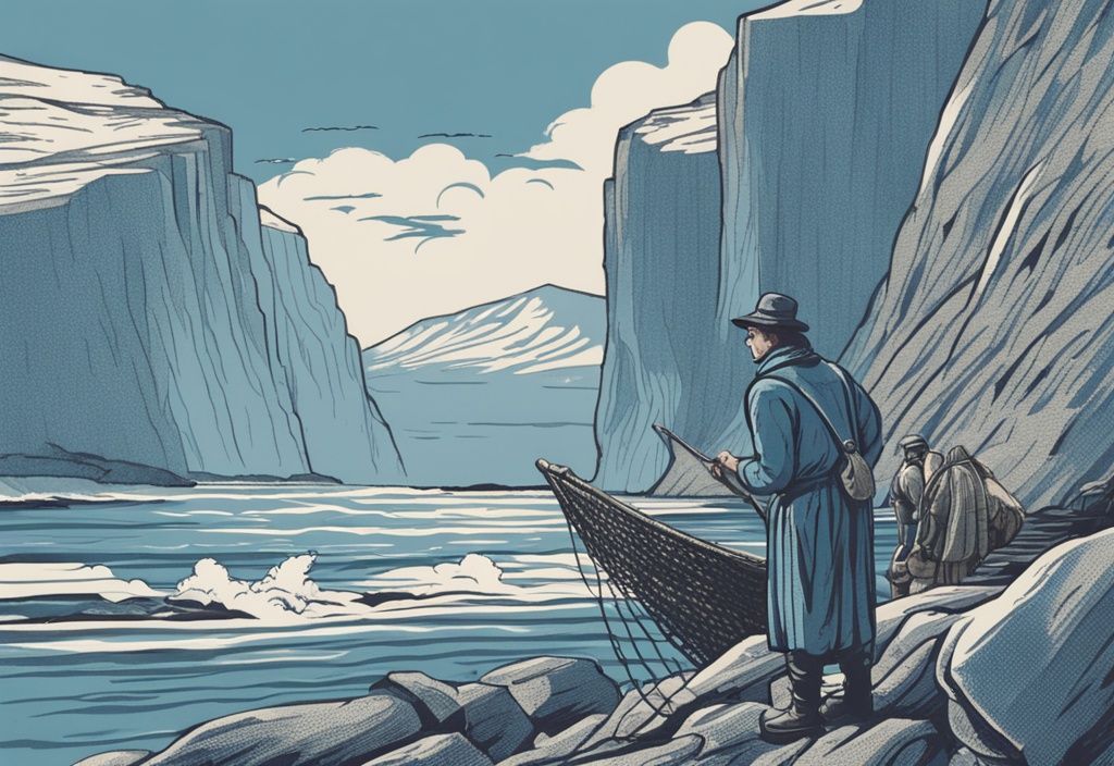 Vintage-Skizze eines lokalen Fischers in traditioneller Kleidung, der ein schweres Fischernetz voller Fische zieht, vor den zerklüfteten Klippen und dem klaren Wasser der Färöer-Inseln.