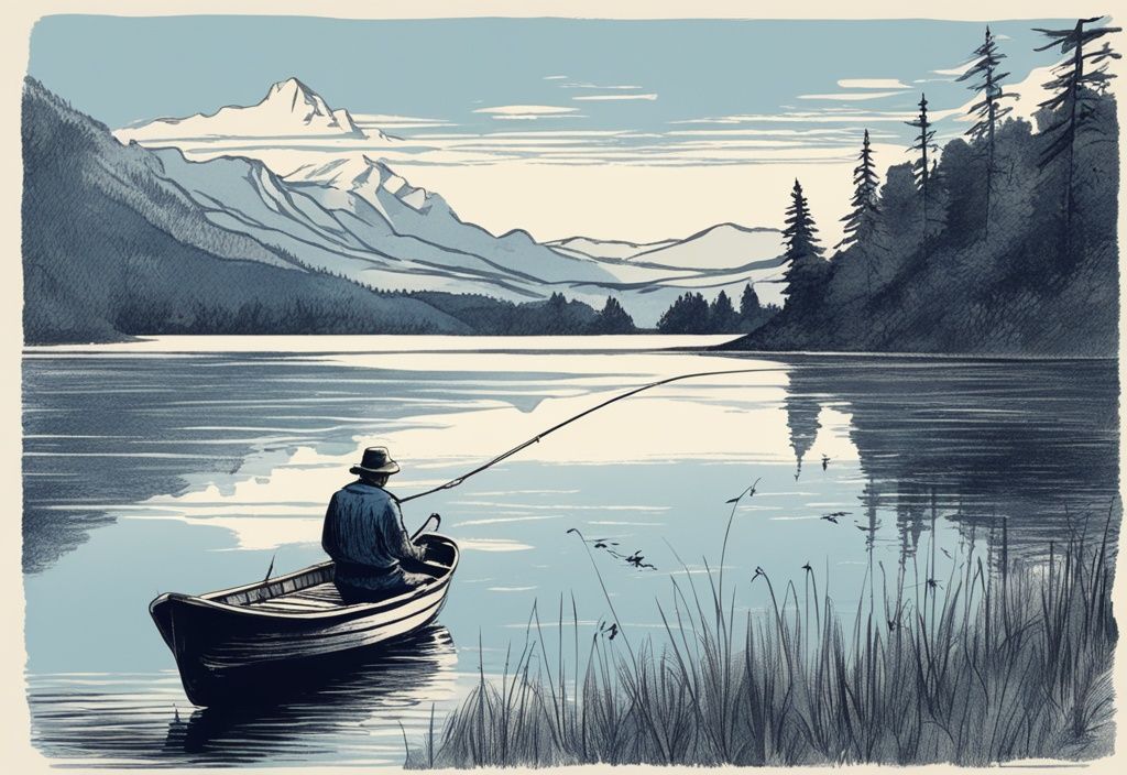 Vintage-Skizze: Fischer auf Holzboot in ruhigem See, umgeben von atemberaubender Landschaft der deutschen Landschaft und Berge, Hauptfarbe Blau