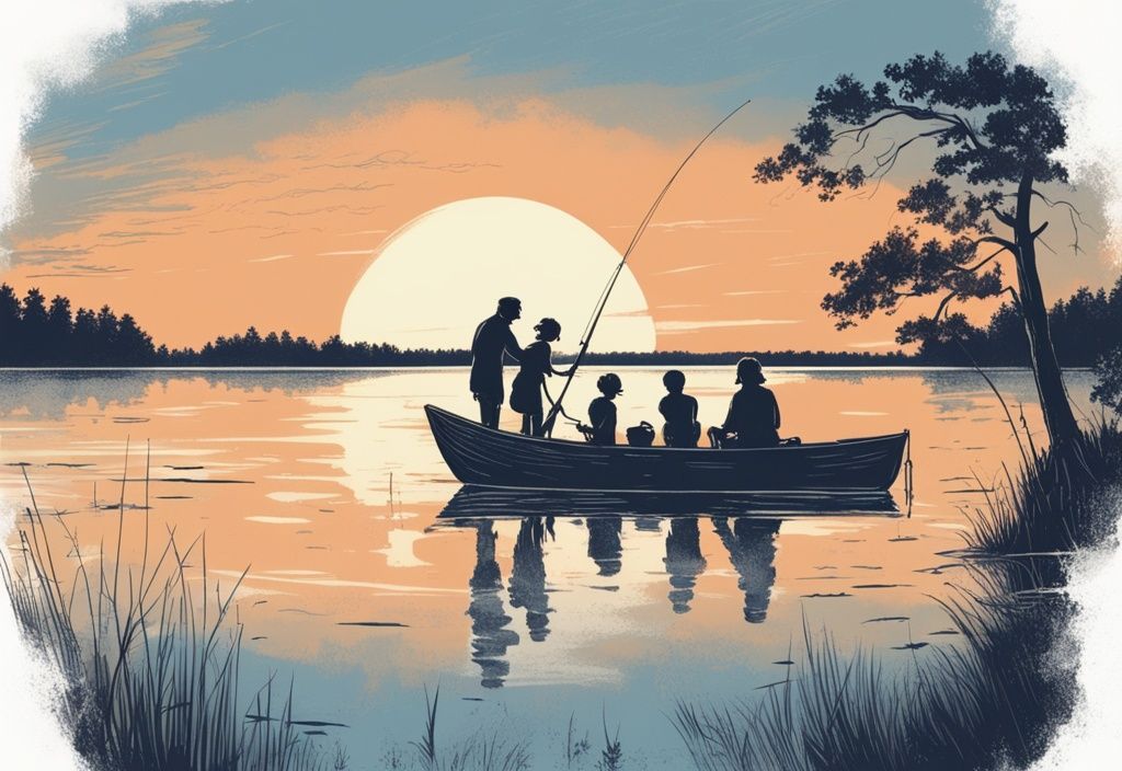Vintage-Skizzenillustration einer Familie beim Angeln auf den ruhigen Gewässern der Mecklenburgischen Seenplatte bei Sonnenuntergang, Angelurlaub Mecklenburgische Seenplatte.