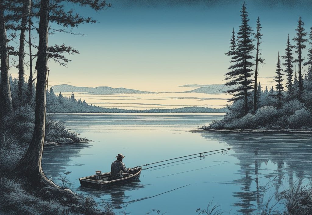 Vintage-Skizzenillustration eines einsamen Anglers am frühen Morgen, der seine Angel in einen ruhigen See inmitten üppiger Wildnis auswirft, Hauptfarbthema Blau
