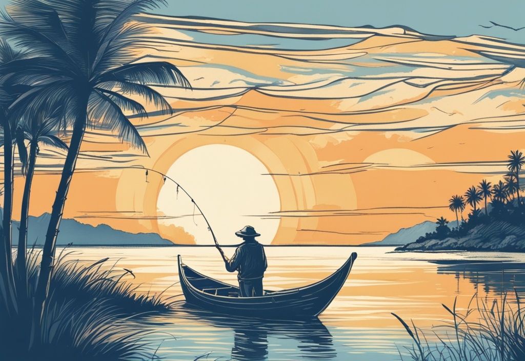 Vintage-Skizze eines Fischers beim Angeln auf Föhr in einem traditionellen Boot bei Sonnenaufgang vor der malerischen Küste.