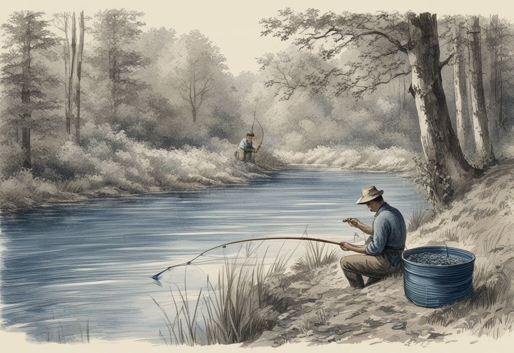 Vintage-Skizze eines Fischers am ruhigen Flussufer, der sein Grundfutter angeln vorbereitet und ins Wasser wirft, mit Angelzubehör um ihn herum.