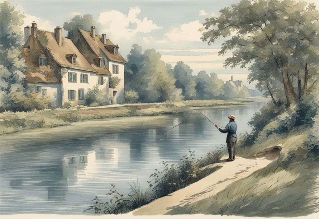 Vintage-Skizze eines Fischers, der an einem ruhigen belgischen Fluss angelt, umgeben von üppigem Grün und malerischen belgischen Häusern.
