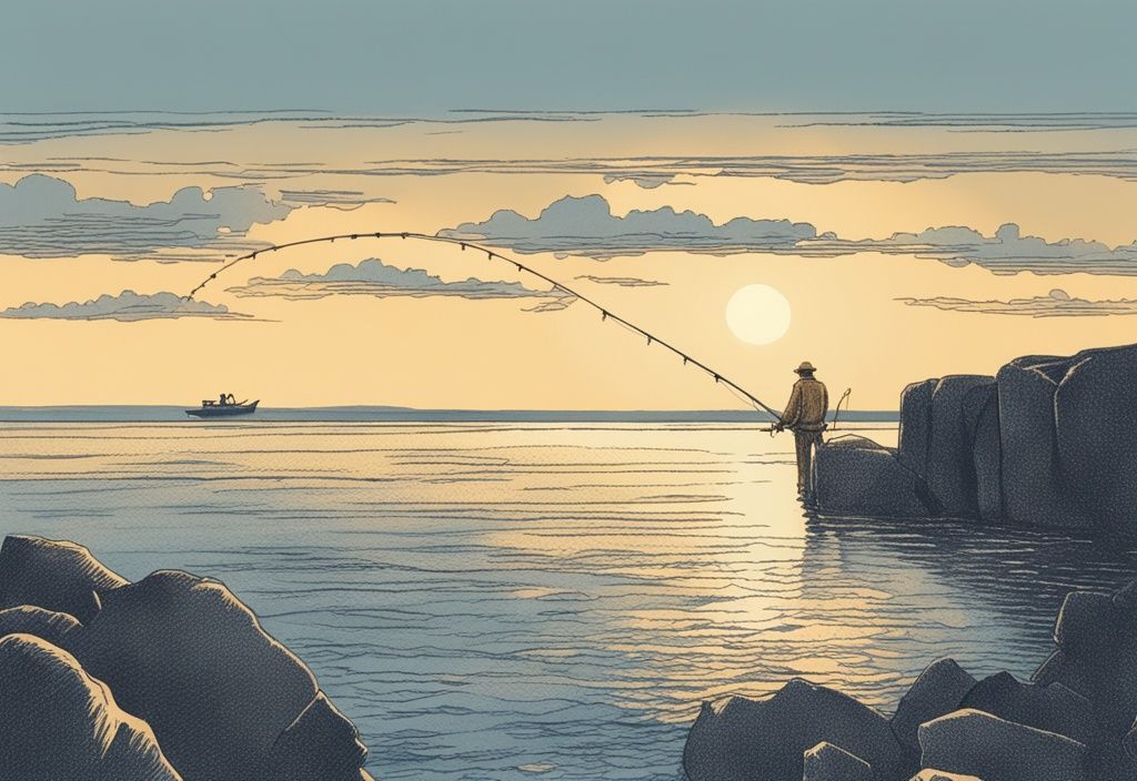 Vintage-Skizze eines Anglers beim Angeln auf Bornholm an der felsigen KĂŒste mit goldenem Sonnenuntergang und endlosem Horizont der Ostsee im Hintergrund.