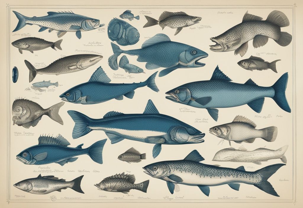 Vintage-Skizzenillustration von Raubfischen in natürlichen Lebensräumen, in Blau gehalten, mit klaren und präzisen Beschriftungen.