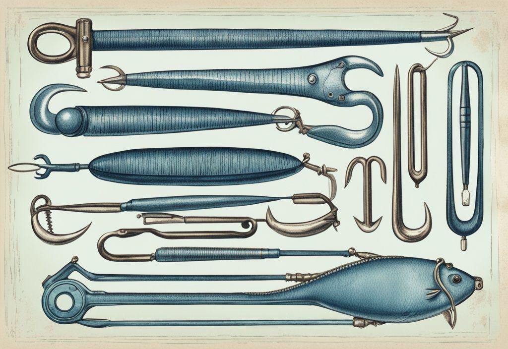 Vintage Skizzenillustration von Angelhaken in verschiedenen Größen neben einem Messwerkzeug auf blauem Hintergrund