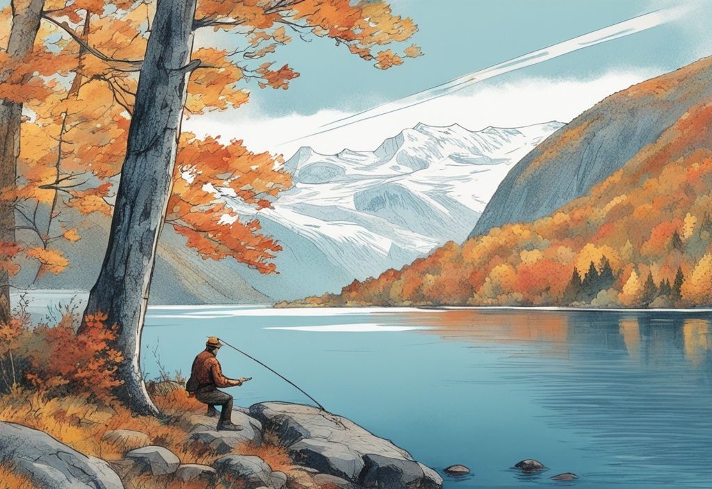 Vintage Skizzenillustration eines Fischers, der seine Angel in einem kristallklaren norwegischen Fjord auswirft, umgeben von lebendigem Herbstlaub, Hauptfarbthema Blau.