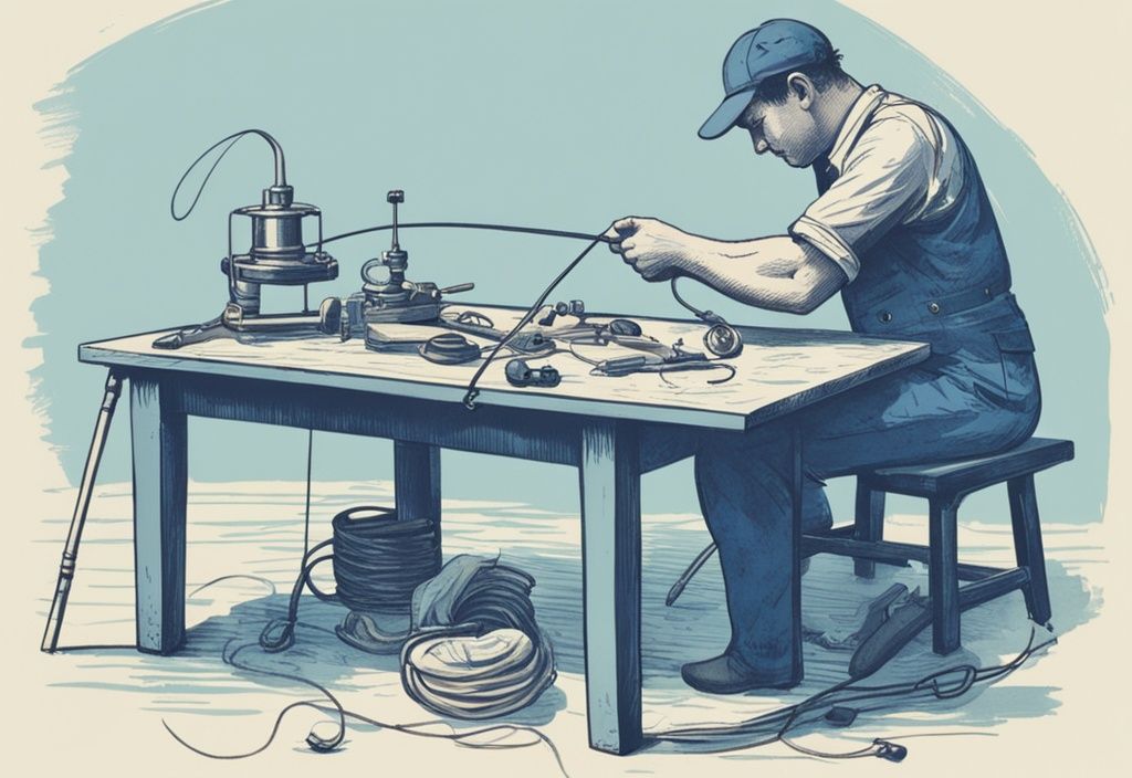 Vintage-Skizzenillustration in Blau: Person montiert einen Schwimmkörper für das Angeln, mit verschiedenen Komponenten wie Schwimmer, Leine und Senkblei auf einem Tisch verteilt.