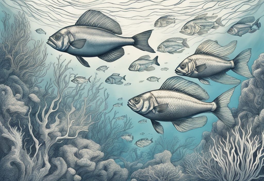 Vintage-Skizzenillustration von Kaspisches Meer Fischarten in ihrer natürlichen Unterwasserumgebung, Hauptfarbe Blau, detaillierte und künstlerische Darstellung der Meereslebewesen.